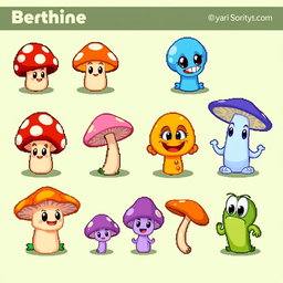 A vibrant spritesheet showcasing various pixel art mushroom characters designed for a board game