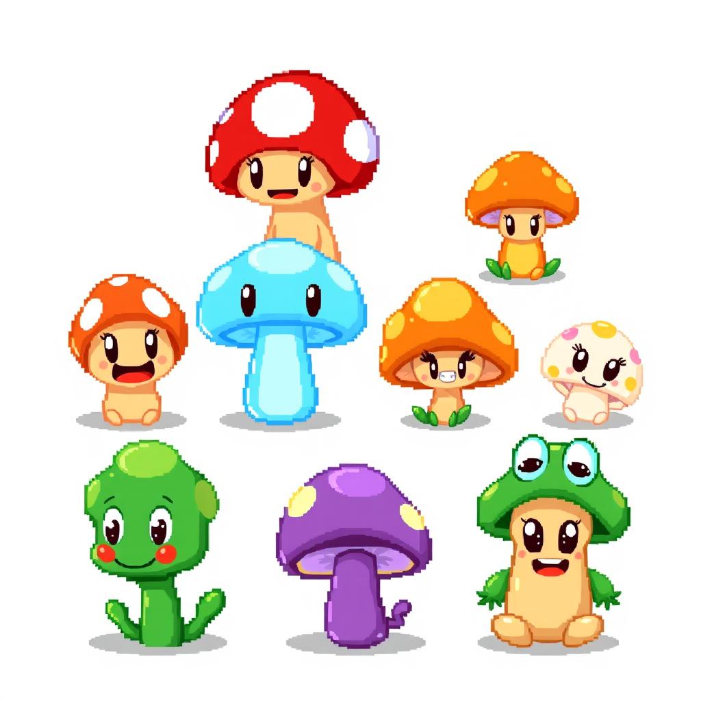 A vibrant spritesheet showcasing various pixel art mushroom characters designed for a board game