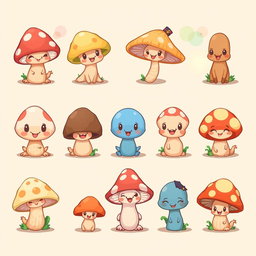 A collection of cute, whimsical mushroom characters designed as a spritesheet for a board game