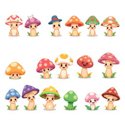 A collection of cute, whimsical mushroom characters designed as a spritesheet for a board game