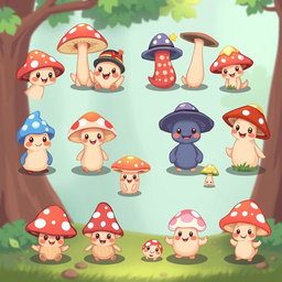 A collection of cute, whimsical mushroom characters designed as a spritesheet for a board game