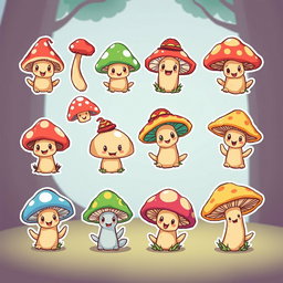 A collection of cute, whimsical mushroom characters designed as a spritesheet for a board game