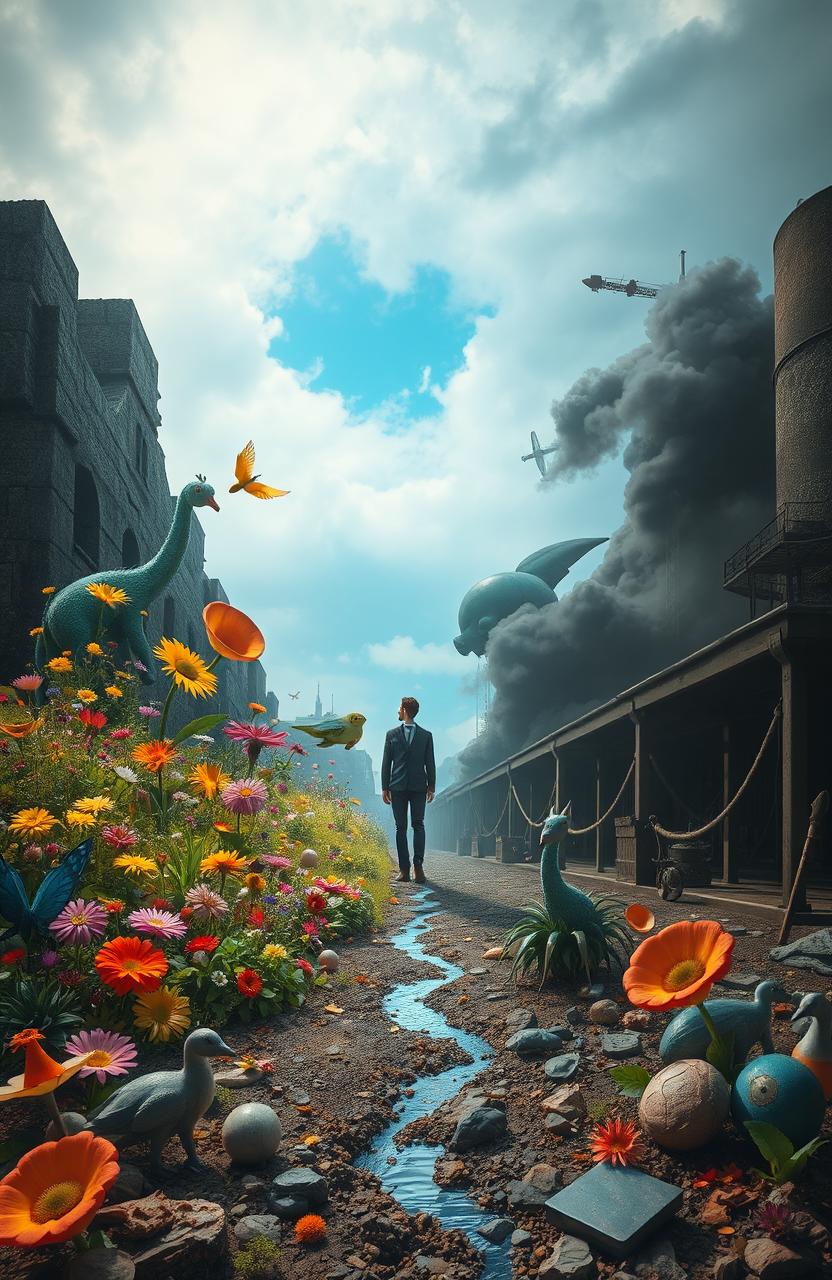 A surreal representation of a person caught between two contrasting worlds, one side depicting a vibrant fantasy landscape with colorful flowers and whimsical creatures, while the other side shows a dark, dystopian environment with shadows and industrial elements