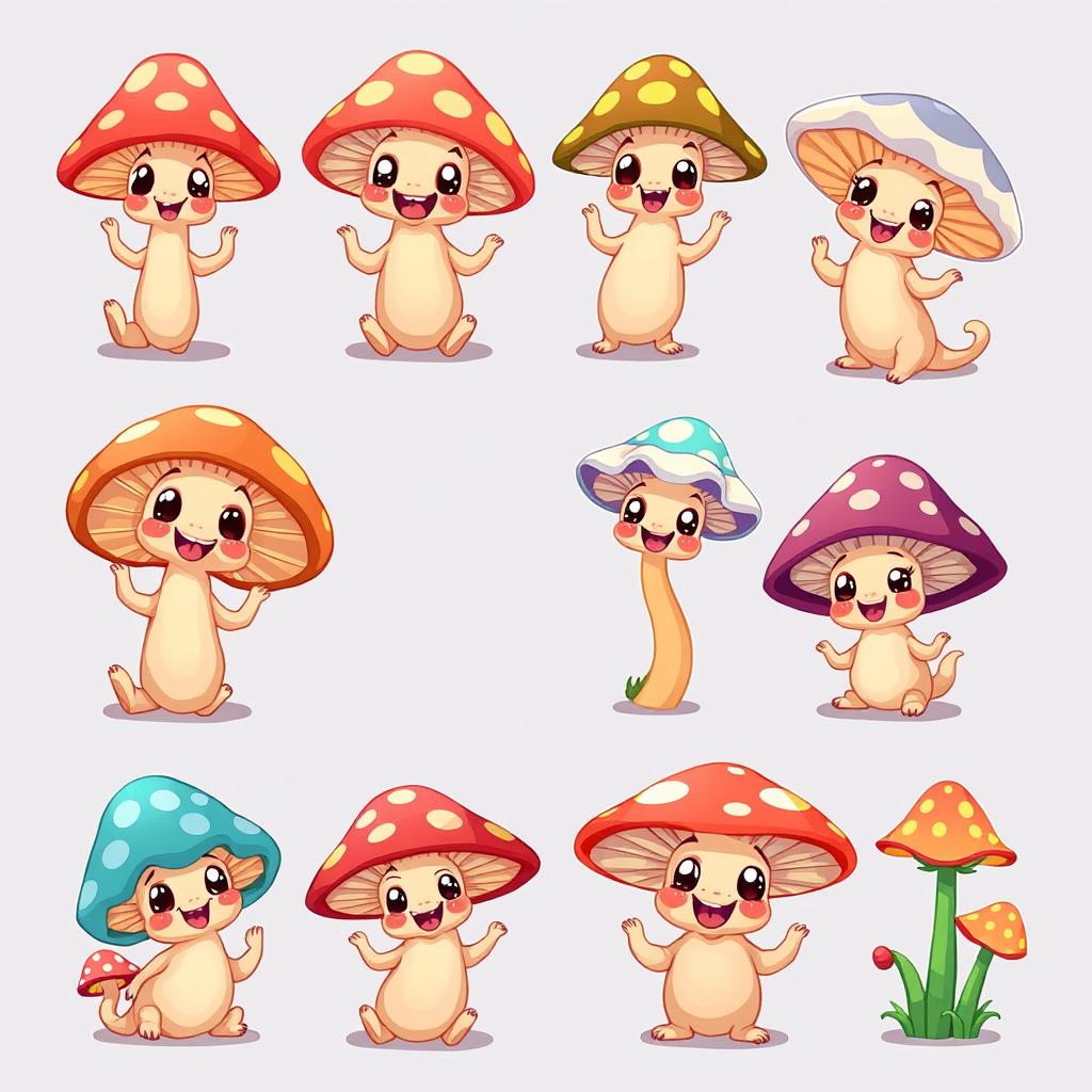 A cute spritesheet featuring whimsical, cartoonish mushrooms in various playful poses