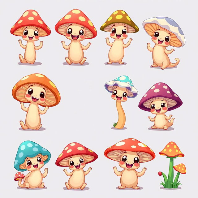 A cute spritesheet featuring whimsical, cartoonish mushrooms in various playful poses
