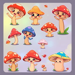 A cute spritesheet featuring whimsical, cartoonish mushrooms in various playful poses