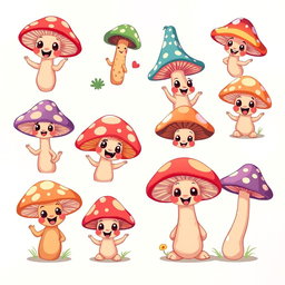 A cute spritesheet featuring whimsical, cartoonish mushrooms in various playful poses