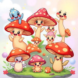 A cute spritesheet featuring whimsical, cartoonish mushrooms in various playful poses