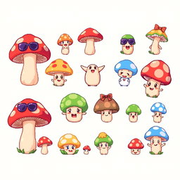 A cute and whimsical spritesheet featuring various cartoon-style mushrooms, each with different expressions and accessories