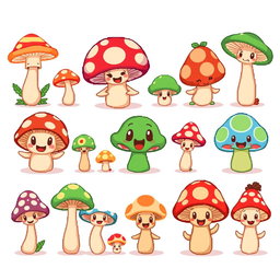 A cute and whimsical spritesheet featuring various cartoon-style mushrooms, each with different expressions and accessories