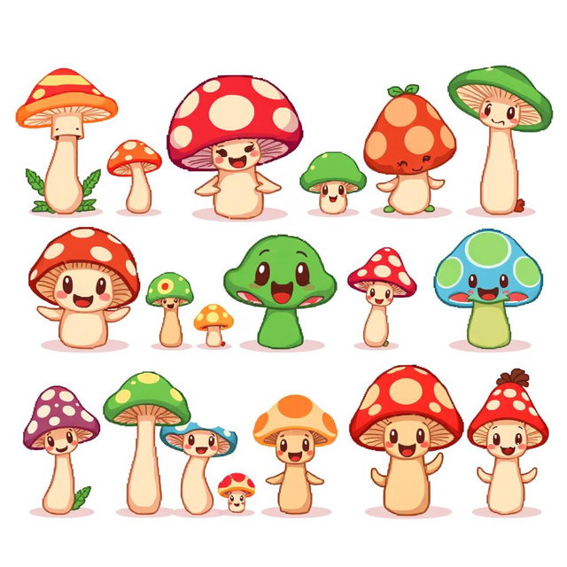 A cute and whimsical spritesheet featuring various cartoon-style mushrooms, each with different expressions and accessories