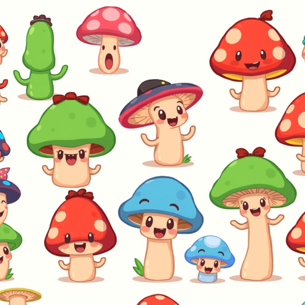 A cute and whimsical spritesheet featuring various cartoon-style mushrooms, each with different expressions and accessories