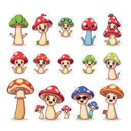A cute and whimsical spritesheet featuring various cartoon-style mushrooms, each with different expressions and accessories