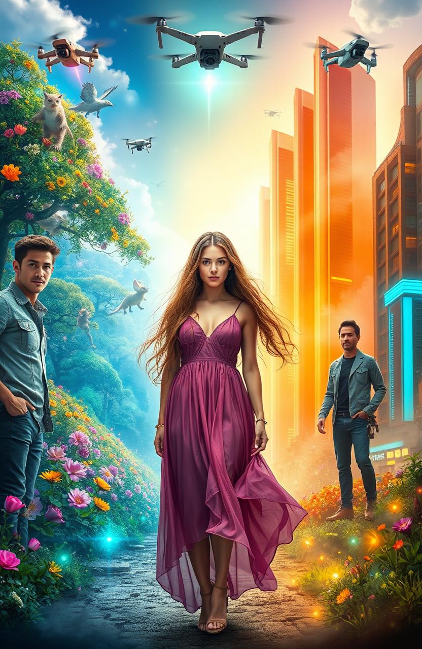 A mystical scene depicting a woman standing between two worlds, with vibrant and contrasting landscapes on either side