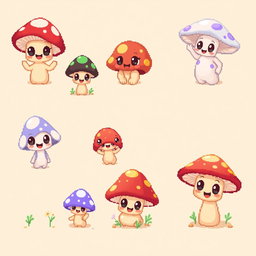 A charming spritesheet featuring adorable mushroom characters in various poses and expressions