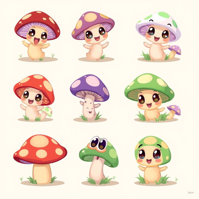 A charming spritesheet featuring adorable mushroom characters in various poses and expressions