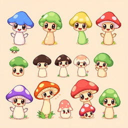 A charming spritesheet featuring adorable mushroom characters in various poses and expressions