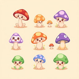A charming spritesheet featuring adorable mushroom characters in various poses and expressions