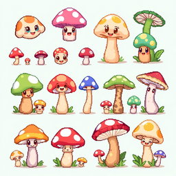 A spritesheet featuring a collection of cute mushroom characters in a whimsical pixel art style