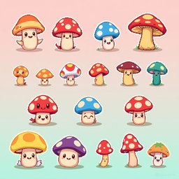 A spritesheet featuring a collection of cute mushroom characters in a whimsical pixel art style