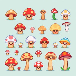 A spritesheet featuring a collection of cute mushroom characters in a whimsical pixel art style