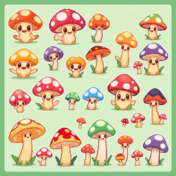 A spritesheet featuring a collection of cute mushroom characters in a whimsical pixel art style