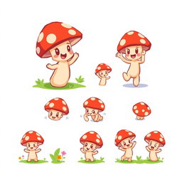 A cute mushroom character designed in pixel art style, showcasing various poses and expressions for a spritesheet