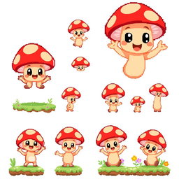 A cute mushroom character designed in pixel art style, showcasing various poses and expressions for a spritesheet