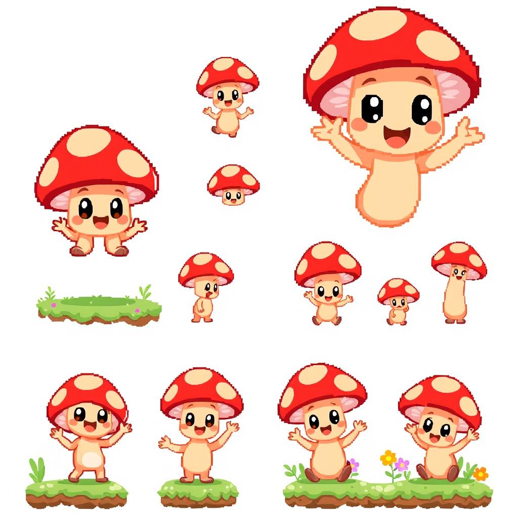A cute mushroom character designed in pixel art style, showcasing various poses and expressions for a spritesheet