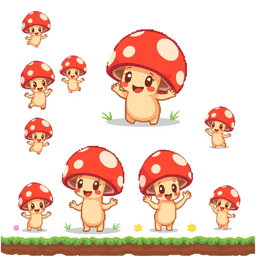 A cute mushroom character designed in pixel art style, showcasing various poses and expressions for a spritesheet