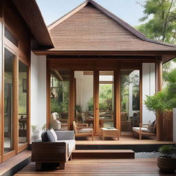 Blend the traditional Javanese Joglo house with Scandinavian aesthetics. Maintain the wooden architecture but infuse Scandinavian simplicity through clean lines, light color palette, and minimalistic furniture. Include large windows for ample natural light and an indoor-outdoor living concept.