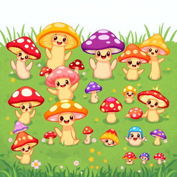 A vibrant and whimsical pixel art spritesheet featuring cute mushrooms in various poses and expressions