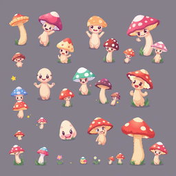 A vibrant and whimsical pixel art spritesheet featuring cute mushrooms in various poses and expressions