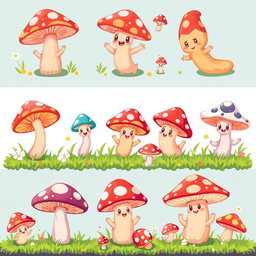 A vibrant and whimsical pixel art spritesheet featuring cute mushrooms in various poses and expressions