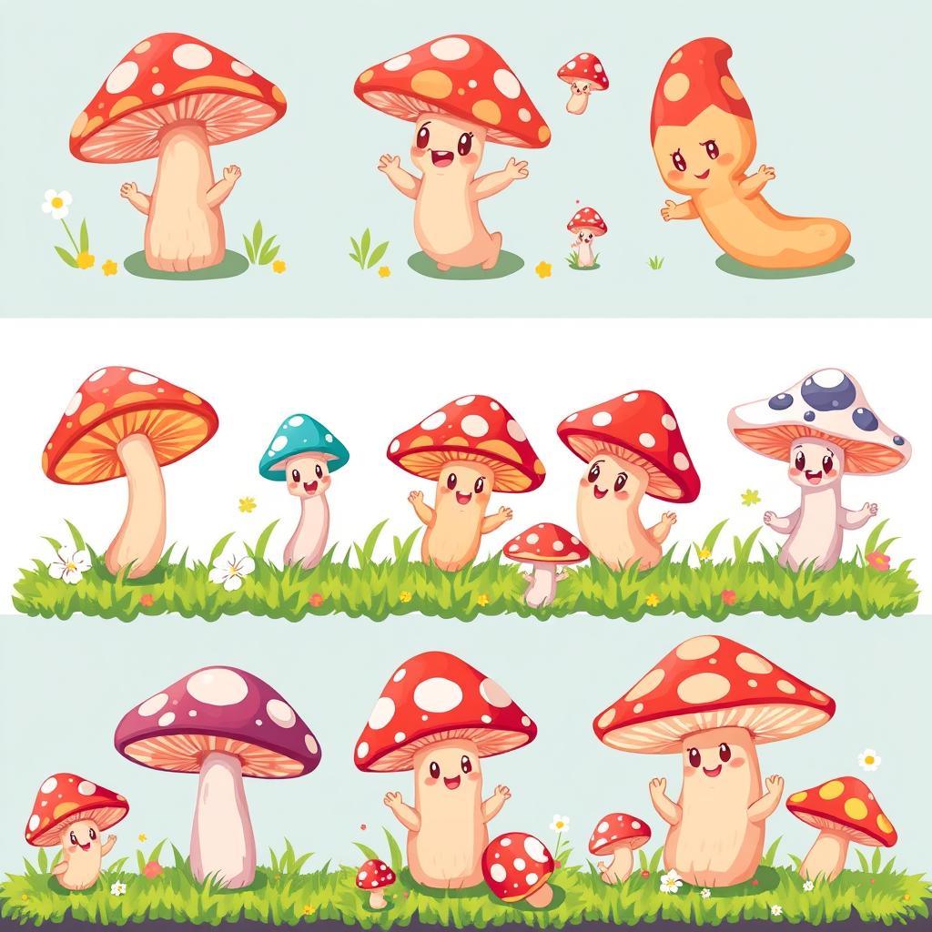 A vibrant and whimsical pixel art spritesheet featuring cute mushrooms in various poses and expressions