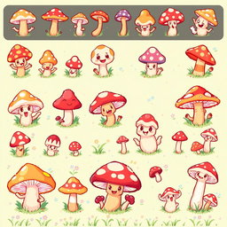 A vibrant and whimsical pixel art spritesheet featuring cute mushrooms in various poses and expressions