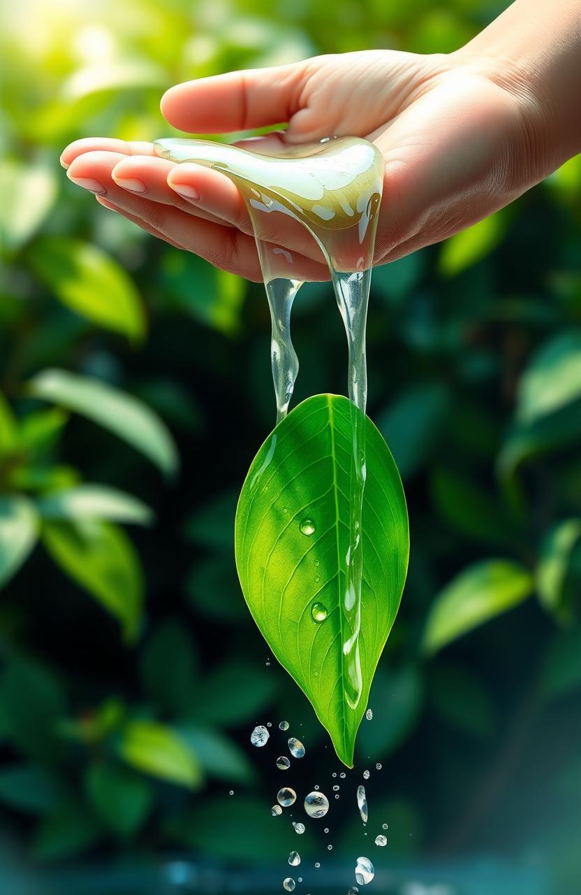 A beautiful digital painting depicting water flowing gracefully from a human hand, which is cradling a vibrant green leaf