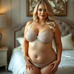 A beautiful 35-year-old blonde woman with a voluptuous figure, showcasing her large breasts in exquisite lingerie