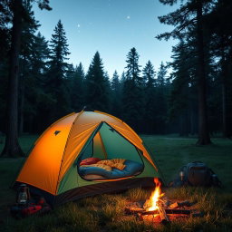 A picturesque scene featuring a camping tent set up in a tranquil forest clearing surrounded by towering trees and soft green grass