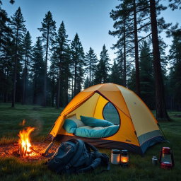 A picturesque scene featuring a camping tent set up in a tranquil forest clearing surrounded by towering trees and soft green grass
