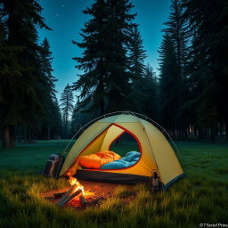A picturesque scene featuring a camping tent set up in a tranquil forest clearing surrounded by towering trees and soft green grass