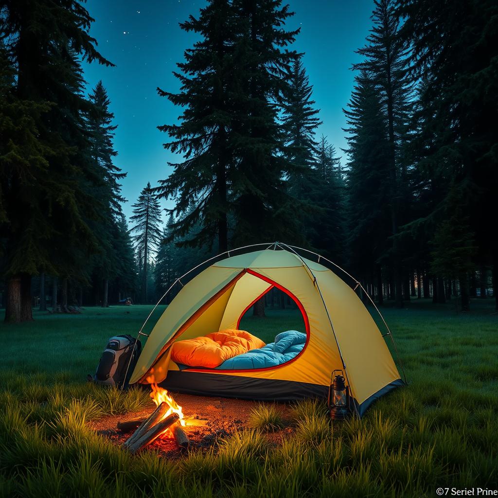 A picturesque scene featuring a camping tent set up in a tranquil forest clearing surrounded by towering trees and soft green grass