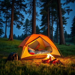A picturesque scene featuring a camping tent set up in a tranquil forest clearing surrounded by towering trees and soft green grass