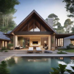 Transform the Joglo-Scandinavian hybrid into an opulent retreat. Preserve the simplicity through modern, luxury touches. Include floor-to-ceiling windows, a grand fireplace, deluxe spa bathroom, an infinity pool, along with a rustic-chic outdoor entertaining area amid the lush gardens.