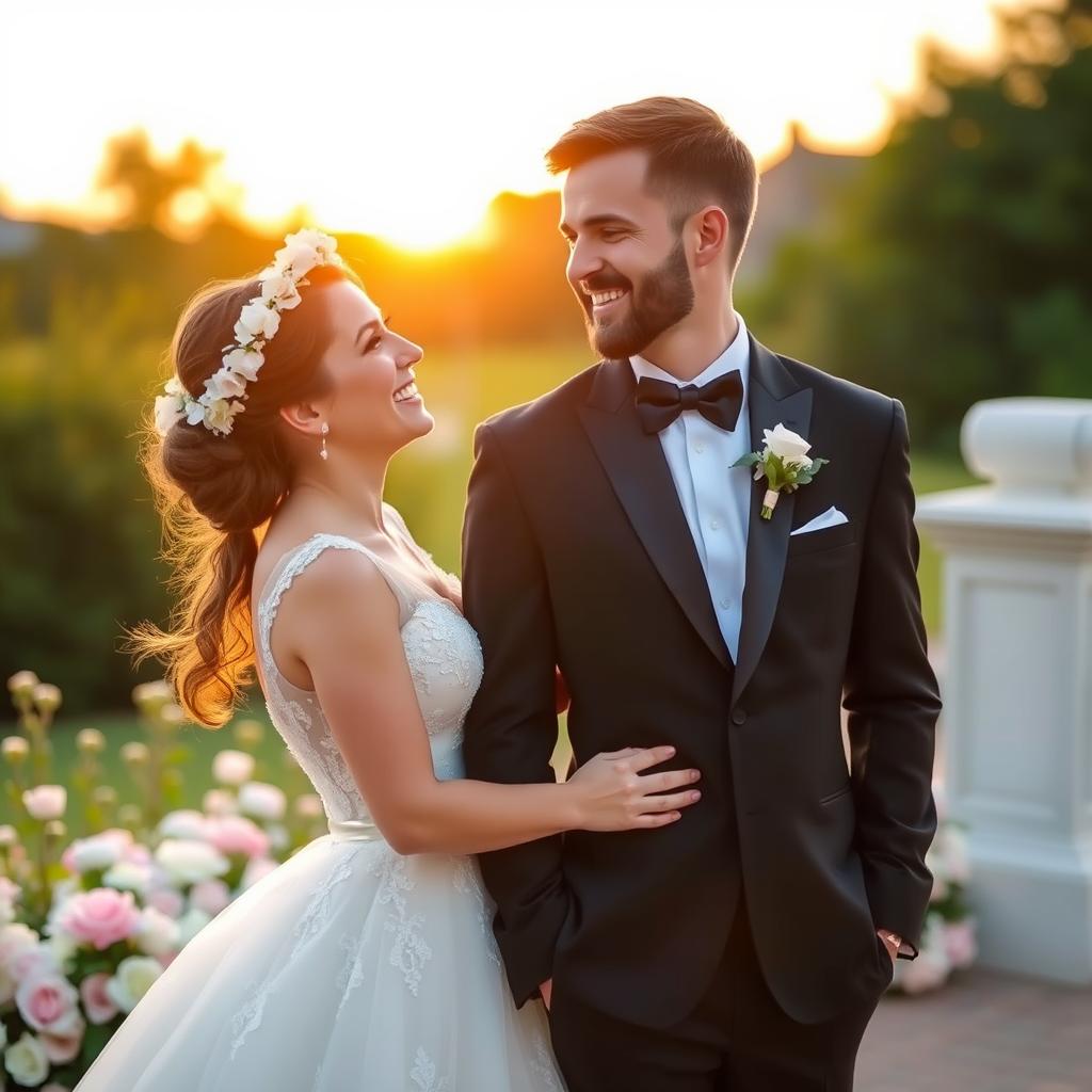 A beautifully captured wedding photo featuring a happy couple, standing together in a picturesque outdoor setting