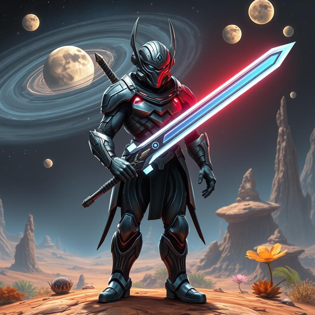 A fierce humanoid intergalactic warrior, adorned with sleek futuristic armor featuring glowing accents, standing confidently on a distant alien planet