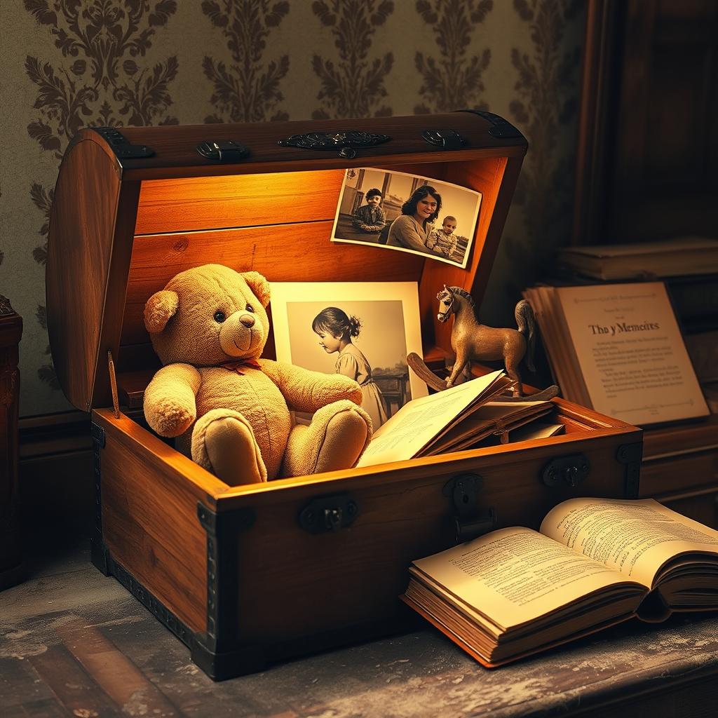 An antique wooden chest slightly open, emanating a warm glow that illuminates Elena's most cherished memories