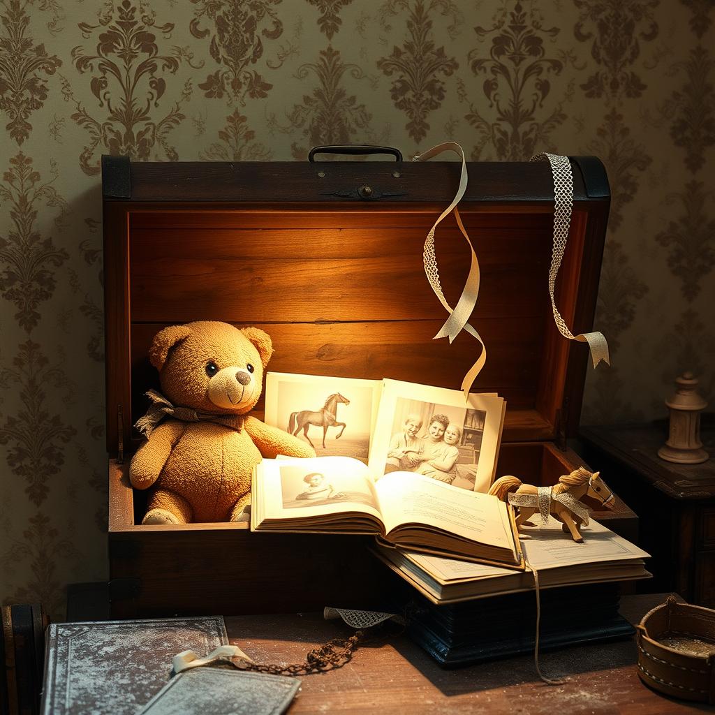 An ancient wooden chest partially open at the back of a room, emanating a warm light that illuminates Elena's most treasured memories