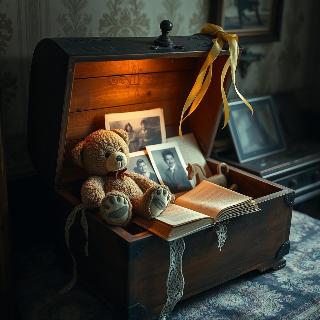 An antique wooden chest is slightly open in the background, emanating a warm light that illuminates Elena's most cherished memories