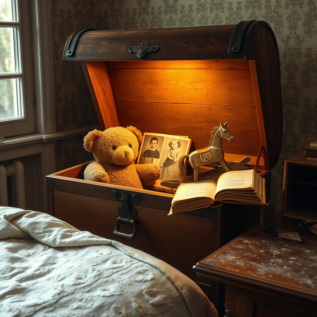 An ancient wooden chest slightly open, emanating a warm light, illuminating Elena's most cherished memories